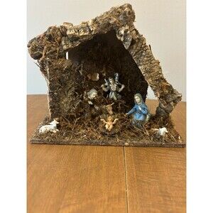 Vintage Yuletide Mid Century Bark Moss Christmas Nativity Set
